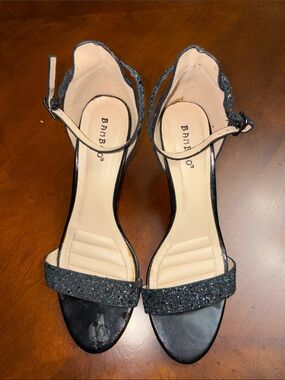 BAMBOO Black Glitter Ankle-Strap Heels